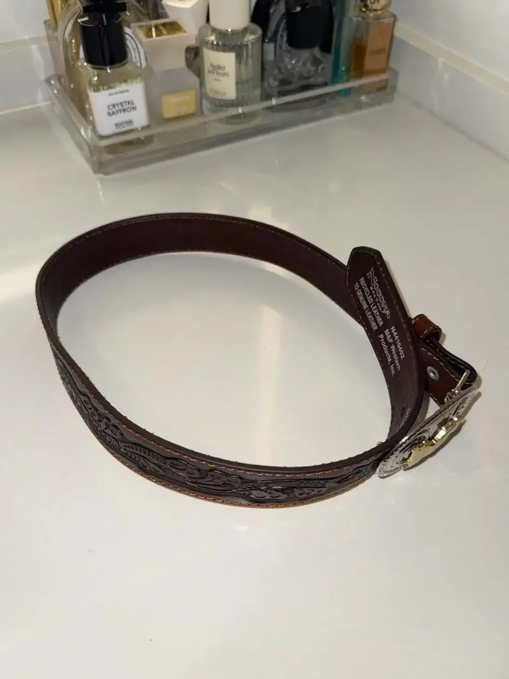 Nocona Brown Tooled Leather Western Belt with Silver and Gold Bull Rider Buckle